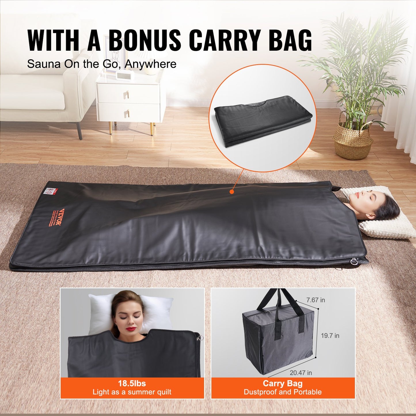 Sauna Blanket For Detoxification, Portable Far Infrared Sauna For Home Relaxation, 1-6 Level Adjustable Temprature Rannge 95-185℉, 1-60 Minutes Timer, Far Infrared Carbon Heating Sauna Bag