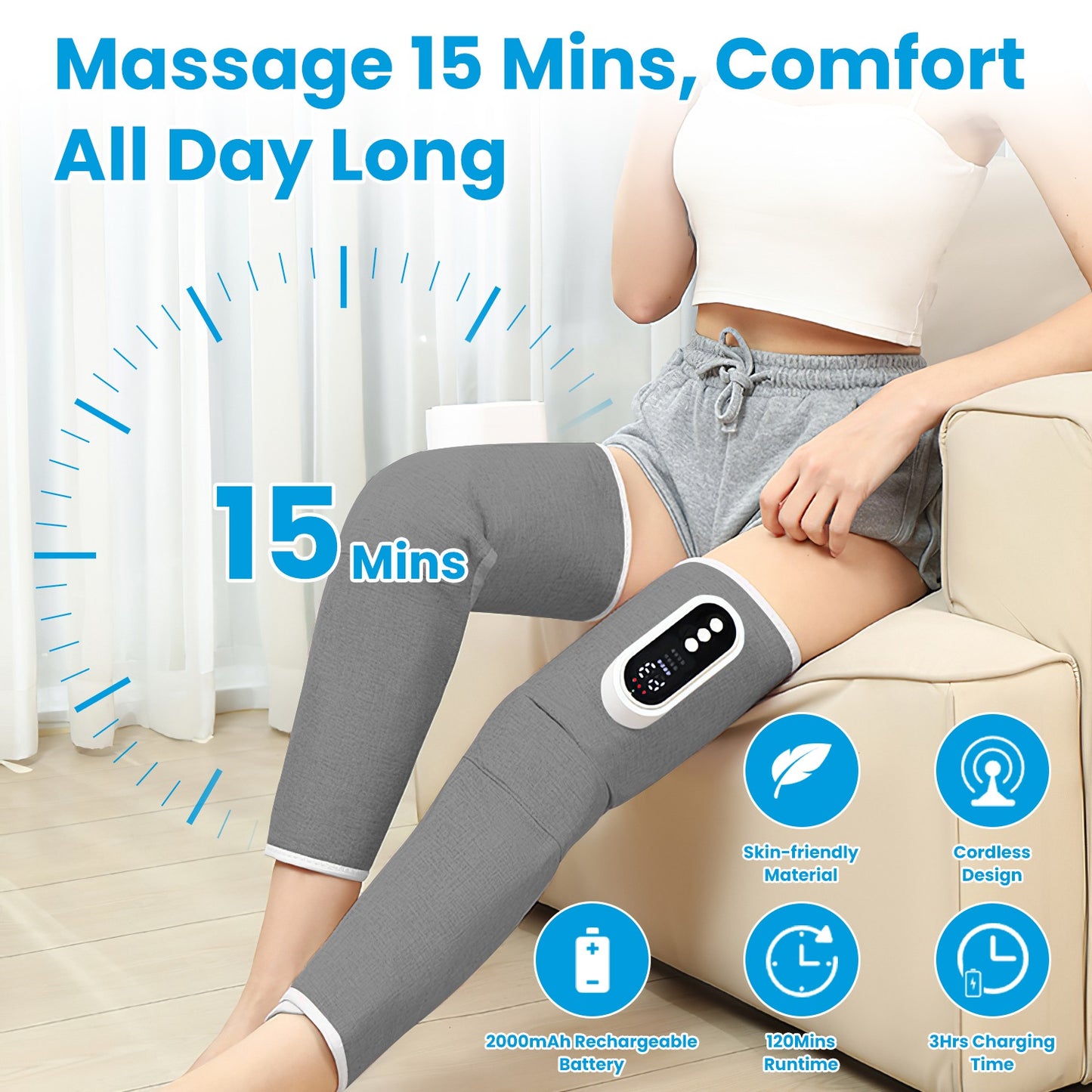 1Pc Cordless Leg Massager Air Compression Massager With Heat Thigh Knee Calf Massager With 3 Modes Adjustable Wrap For Pain Relief