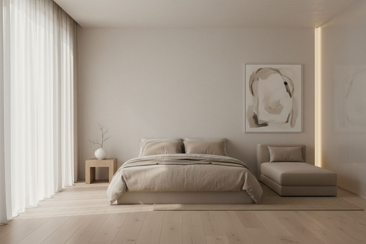 Calm room

Neutral wall

Soft lighting

No logos

No words