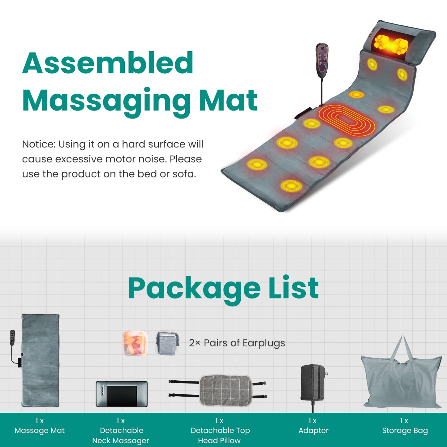 Advanced Type  Full Body Electric Massage Mat With Heat Vibration Massage Pad Cushion Back Massage Mattress Chair Pad With Neck Massage Pillow With 10 Vibration Motors Timer Anti-Slip Bottom Earplugs